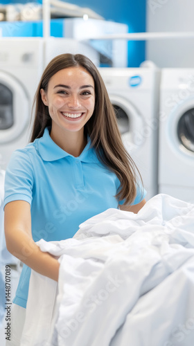 Happy customer collecting freshly laundered clothes at laundry service for a bright day