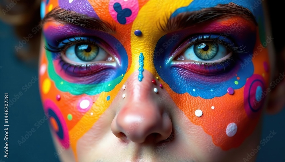 Close-up of painted face pattern, bold colors, geometric forms, design, macro Close-up of painted face pattern, bold colors, geometric forms, design, macro