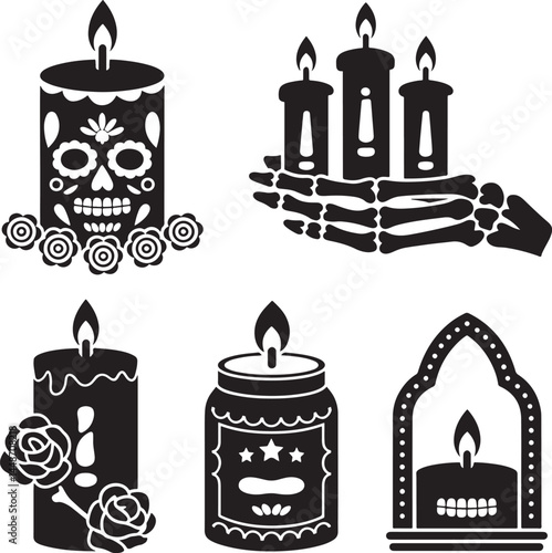 Day of Dead Candle silhouette set vector illustration isolated On Transparent Background