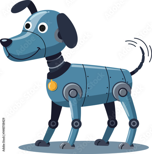 Robot dog with blue metallic body and wagging tail in cartoon style vector illustration 