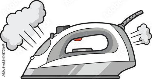 Steam iron appliance releasing steam for garment ironing and wrinkle removal vector illustration 