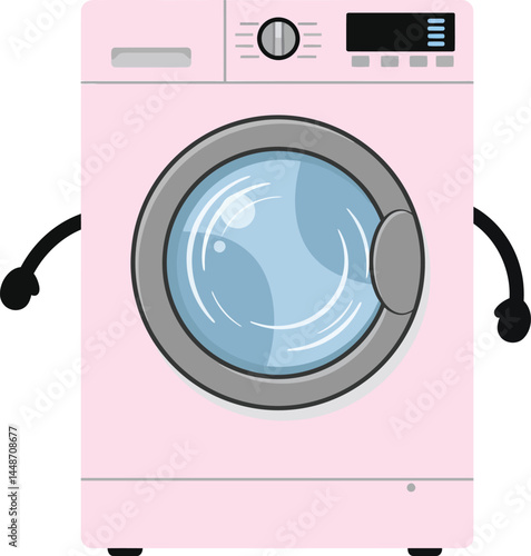 Pink washing machine with arms cute appliance cartoon vector illustration for home laundry use 