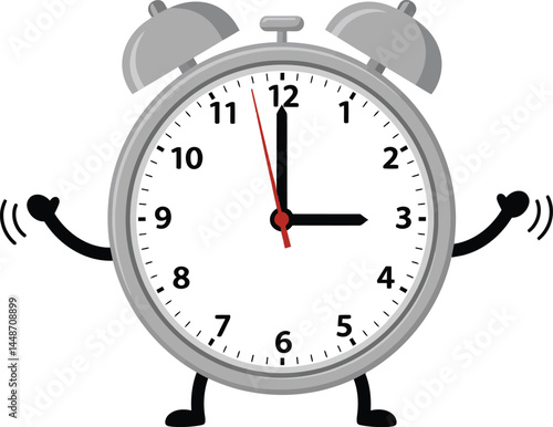Animated classic alarm clock with arms and legs showing time in cheerful style vector illustration 