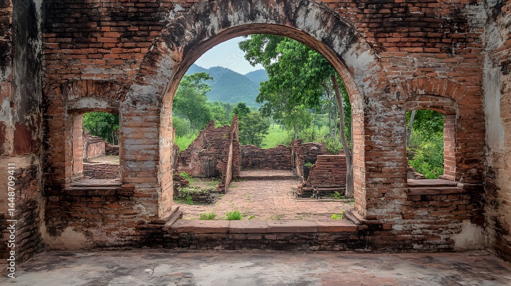 Fototapeta premium Ancient Brick Ruins Archway View Lush Greenery