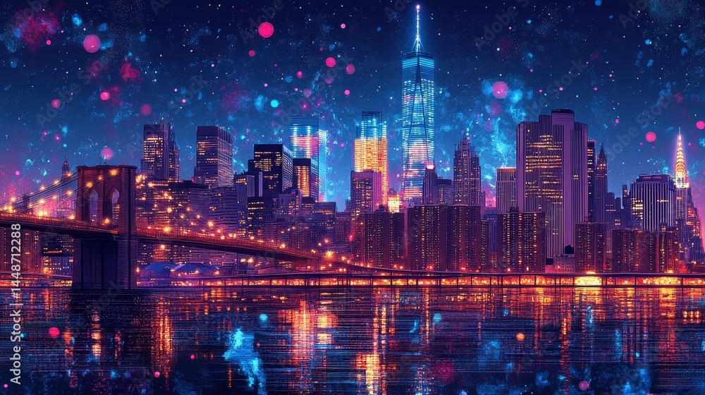 Fototapeta premium A city skyline at dusk, illustrated entirely with thin, intricate lines.