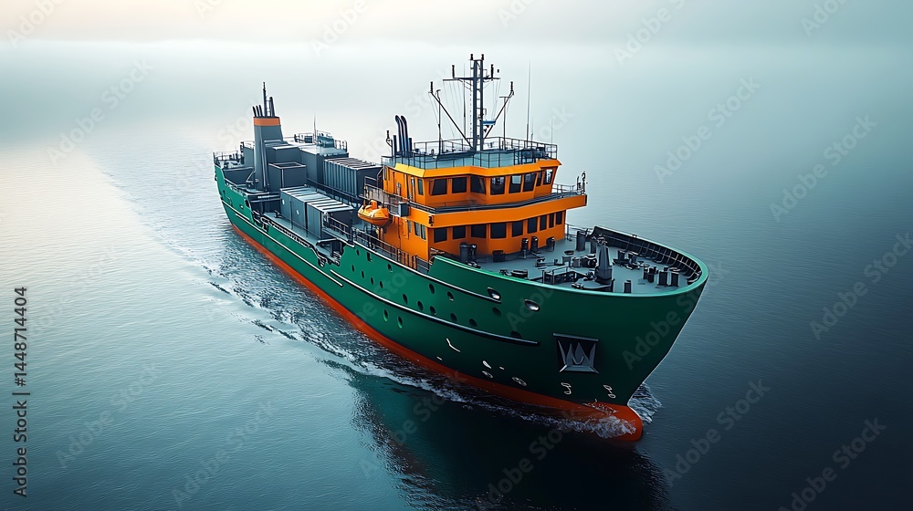 Green And Orange Cargo Ship Transportation Across Calm Ocean Water High Resolution Photo Green And Orange Cargo Ship Transportation Across Calm Ocean Water High Resolution Photo