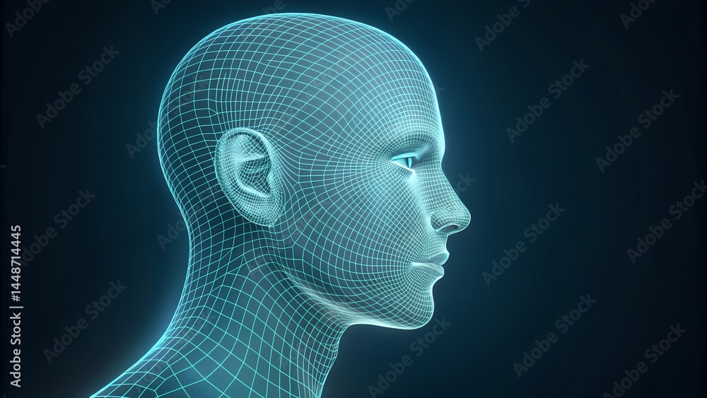 Abstract digital human face rendered in 3d with futuristic blue wireframe against dark background. Abstract digital human face rendered in 3d with futuristic blue wireframe against dark background.