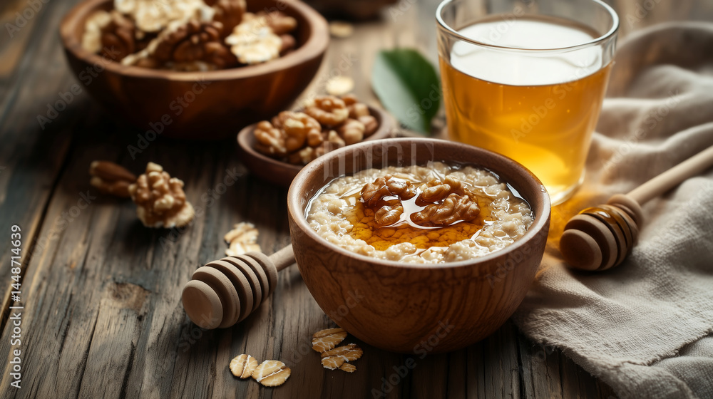 Warm bowl of oat porridge with honey and walnuts on rustic wooden table alongside tea for a cozy breakfast setting Warm bowl of oat porridge with honey and walnuts on rustic wooden table alongside tea for a cozy breakfast setting