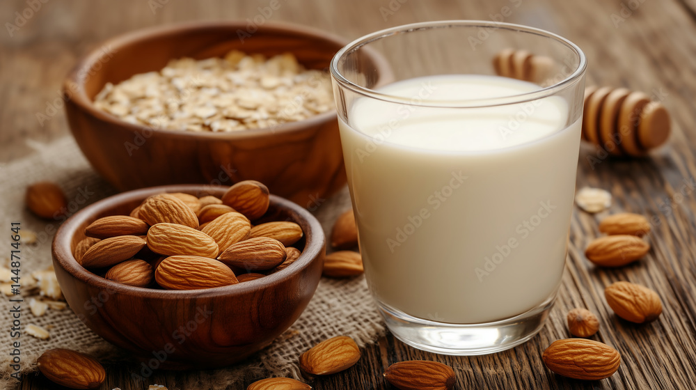 Healthy breakfast ingredients including milk, almonds, and oats arranged on a wooden table Healthy breakfast ingredients including milk, almonds, and oats arranged on a wooden table