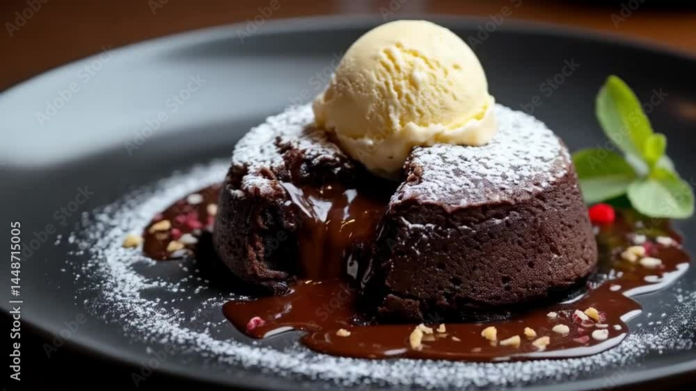 Decadent chocolate lava cake topped with melting vanilla ice cream scoop
Decadent chocolate lava cake topped with melting vanilla ice cream scoop
