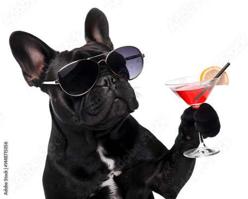 Black French Bulldog in Aviator Sunglasses Holding Martini Glass