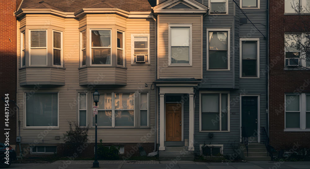 Obraz premium Row Houses Display Varied Architecture And Sunlight In Urban Setting