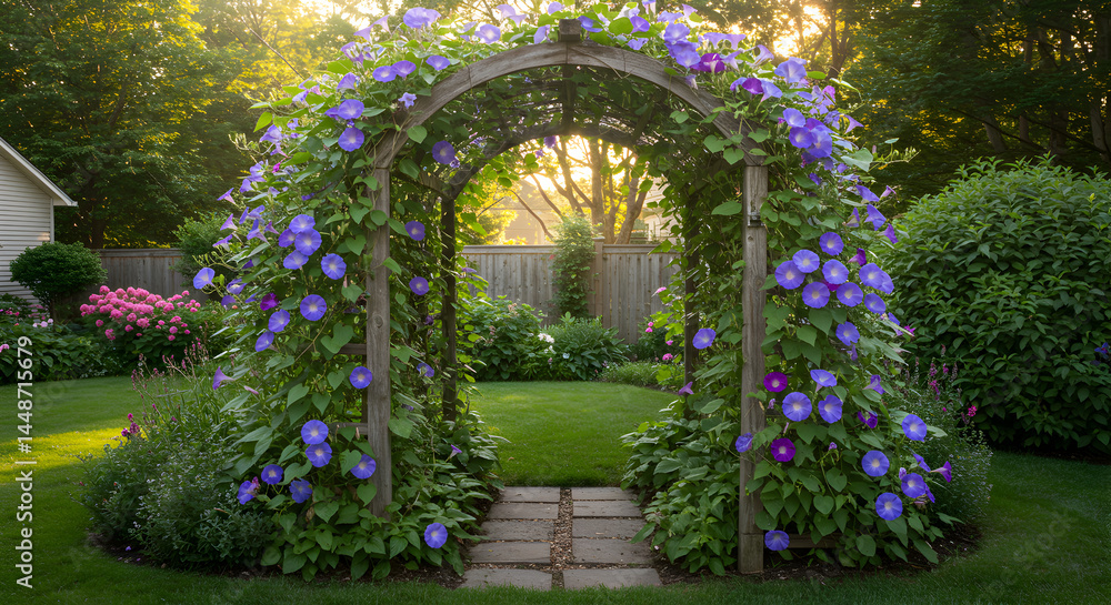 Fototapeta premium Morning Glory Cascade Adorning Serene Backyard Garden Arbor Landscape