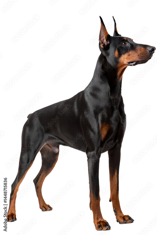 Elegant black Doberman Pinscher dog isolated on the transparent background Elegant black Doberman Pinscher dog isolated on the transparent background