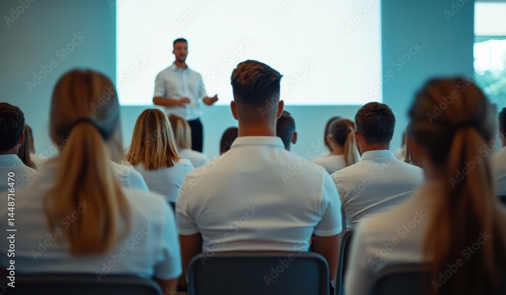Fototapeta premium A group of business people in white shirts and black pants, sitting in chairs facing the stage with one man standing on it giving a presentation to the other people during a conference Generative AI