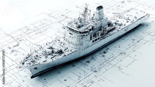 Fototapeta Naklejka Na Ścianę i Meble -  High Resolution Photo Detailed Frigate Warship Technical Blueprint Diagram Illustration Generative Ai