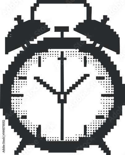 Pixelated retro alarm clock showing time with hour, minute, and second hands in black and white