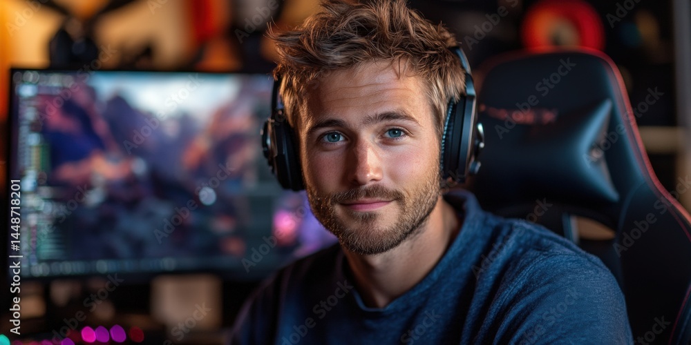 Gaming enthusiast engaging in streaming home office portrait cozy environment view Gaming enthusiast engaging in streaming home office portrait cozy environment view