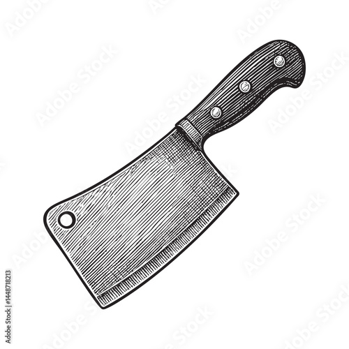 kitchen meat cleaver woodcut engraving vector illustration