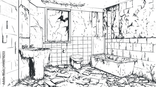 Abandoned bathroom interior with broken bathtub toilet and sink showing decay and neglect