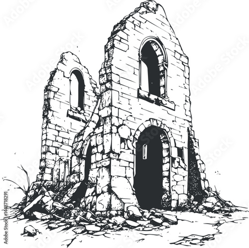 Black and white illustration of an ancient stone building ruin with arched windows and doorway