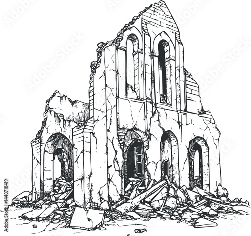 Black and white sketch of a ruined abandoned building with broken walls and debris scattered around