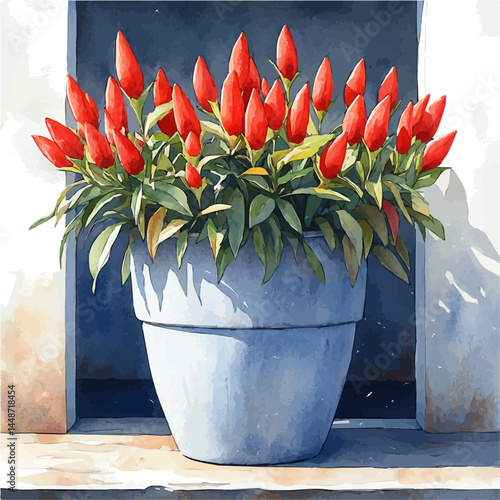 illustration of Chili In A Cast Iron Bowl, watercolor vector, isolated on a white background.