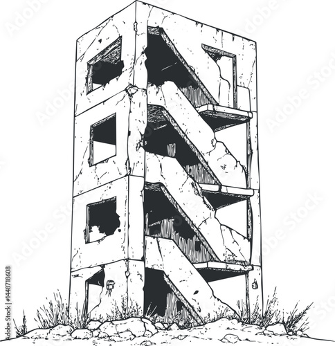 Black and white line illustration of an abandoned concrete building with cracked walls and broken stairs surrounded by weeds.