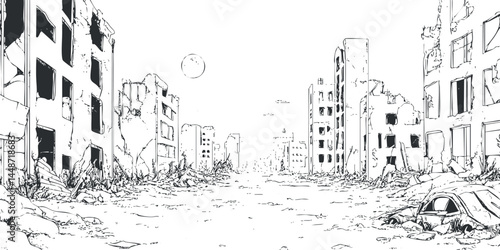 Black and white line art of a destroyed urban street with ruined and abandoned buildings in a post-apocalyptic scene