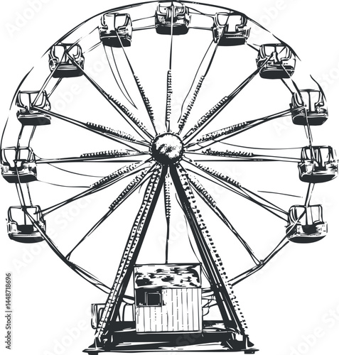 Black and white sketch of a ferris wheel amusement ride with cabins and metal structure