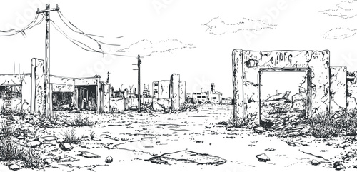 Black and white sketch of an abandoned desolate wasteland with ruined buildings and cracked ground under a cloudy sky.