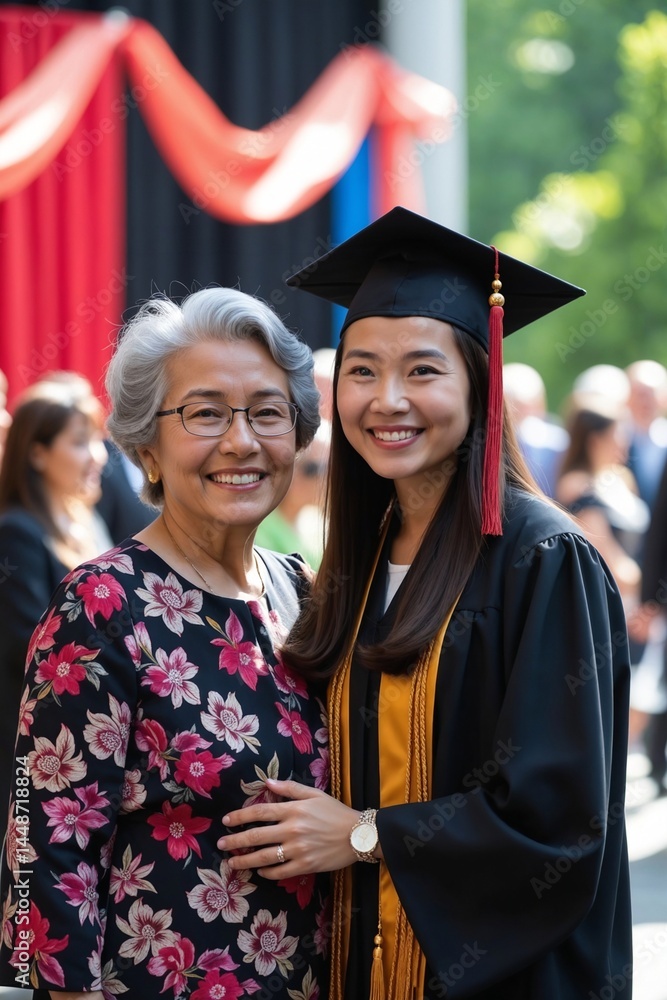 Obraz premium Two Generations of Asian Women: Young Graduate Smiling Next to Proud Older Woman