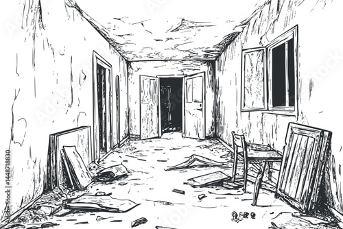 Black and white sketch of an abandoned and dilapidated room with broken furniture and debris scattered