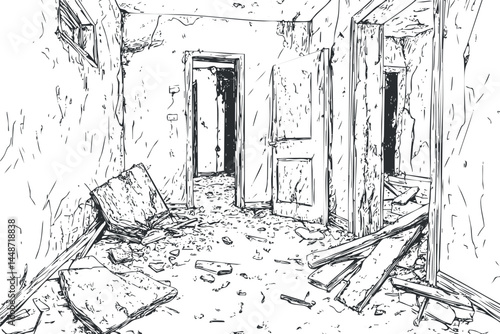 Interior of an abandoned and dilapidated room with broken doors debris and damaged walls