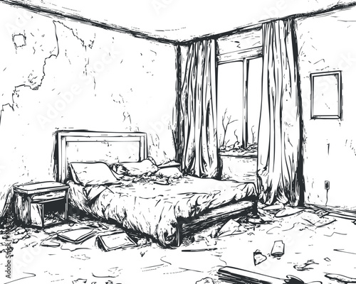 Black and white sketch of an abandoned bedroom with a messy bed, torn curtains, and damaged walls.