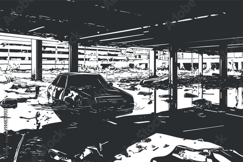 Black and white image of an abandoned car partially submerged in water inside a flooded and ruined parking garage.
