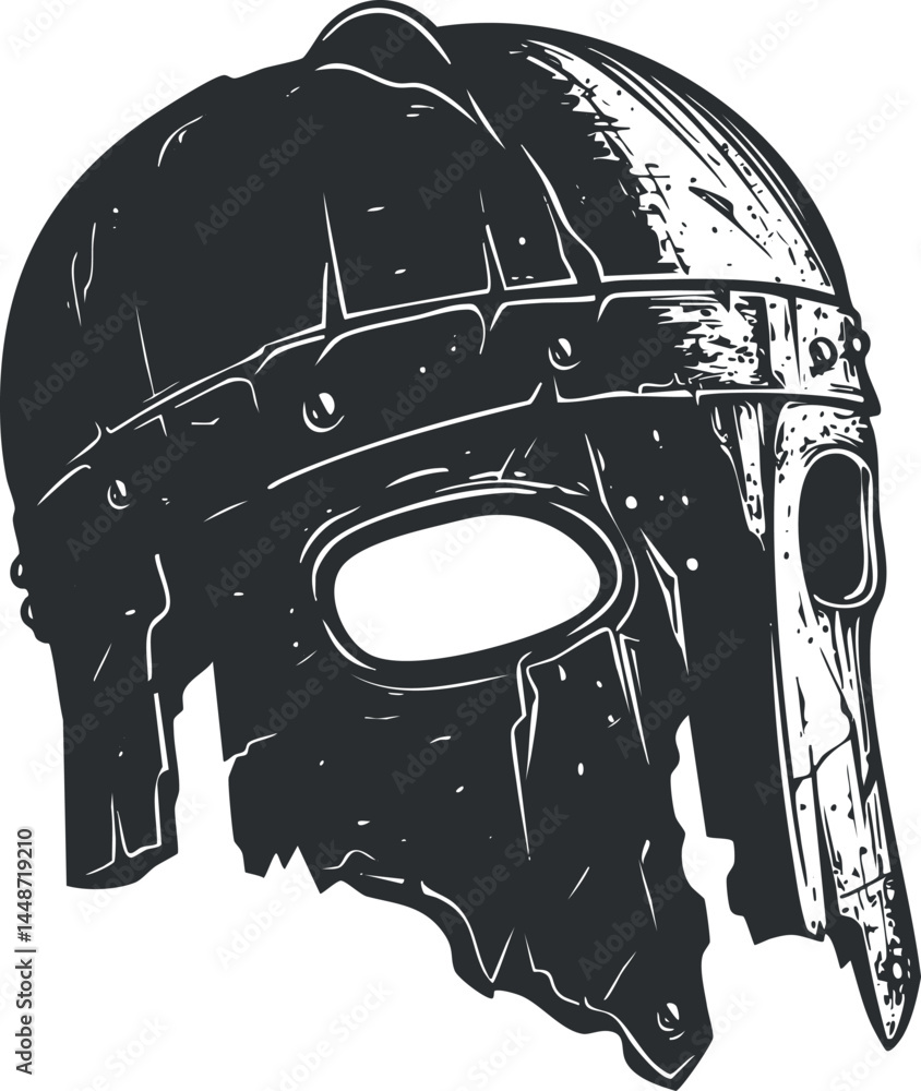 Black and white illustration of a medieval viking helmet with metal rivets and face guard detail