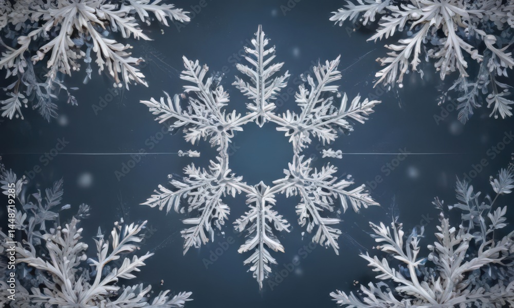 Intricate snowflake border frames a winter scene illustration on a Christmas card template , celebration, illustration Intricate snowflake border frames a winter scene illustration on a Christmas card template , celebration, illustration