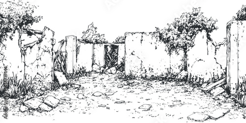 Black and white sketch of abandoned ruins with broken walls overgrown with vines and scattered debris