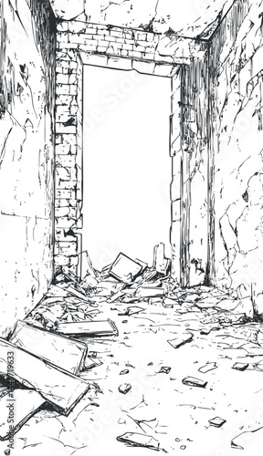 Black and white sketch of a ruined interior with debris and broken walls around a doorway opening