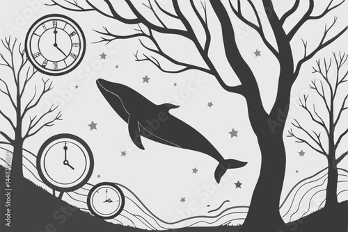 58 Dark surreal landscape, floating whale silhouette, starry night sky, clock faces, misty atmosphere, bare trees, monochrome palette, dreamlike scene, ethereal, mysterious, time concept, fantasy art,