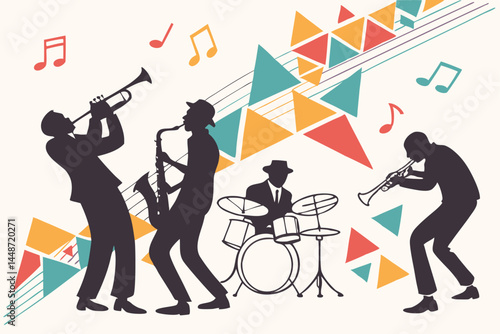59 Jazz musicians silhouettes, colorful geometric shapes, musical notes, abstract composition, vibrant color palette, dynamic poses, musical instruments, trumpet, saxophone, guitar, double bass, drums