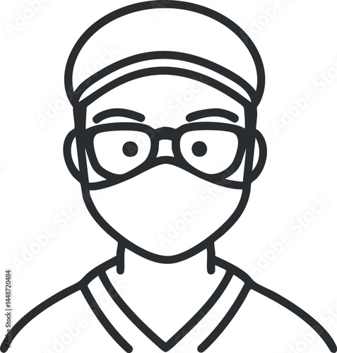 Black and white line drawing of a man wearing a cap, glasses, and a protective face mask