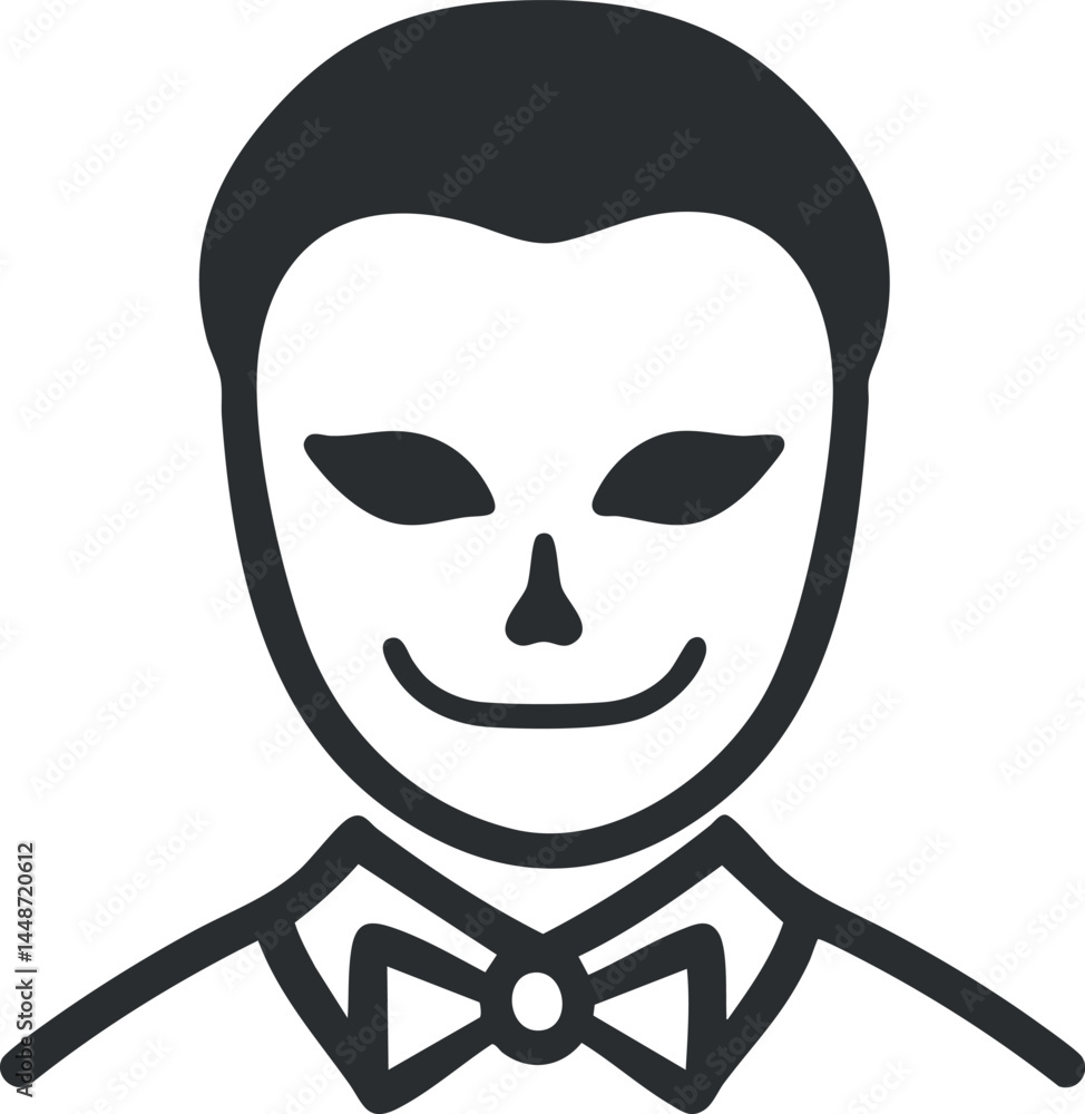 Black and white illustration of a smiling person wearing a mask and a bowtie in a minimalist style Black and white illustration of a smiling person wearing a mask and a bowtie in a minimalist style