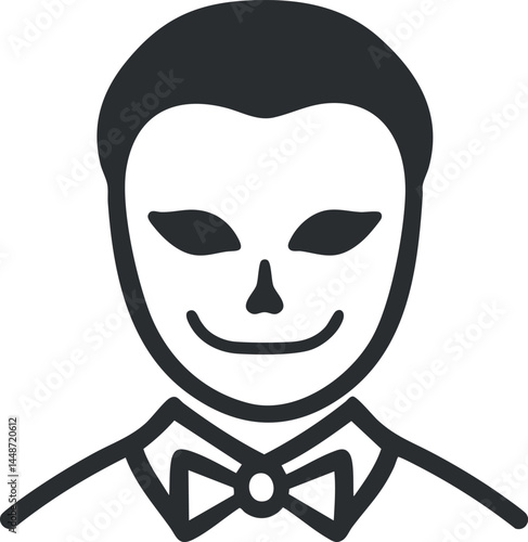 Black and white illustration of a smiling person wearing a mask and a bowtie in a minimalist style