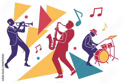 59 Jazz musicians silhouettes, colorful geometric shapes, musical notes, abstract composition, vibrant color palette, dynamic poses, musical instruments, trumpet, saxophone, guitar, double bass, drums