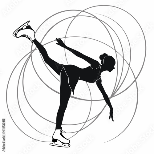 Icon with dark silhouette of a female figure skater performing an elegant pose