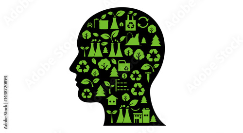 Wallpaper Mural   Minimalist vector illustration, black silhouette of a human head filled with icons of smokestacks, trees and recycling symbols, clean white background with eco-green accents, modern design  Torontodigital.ca