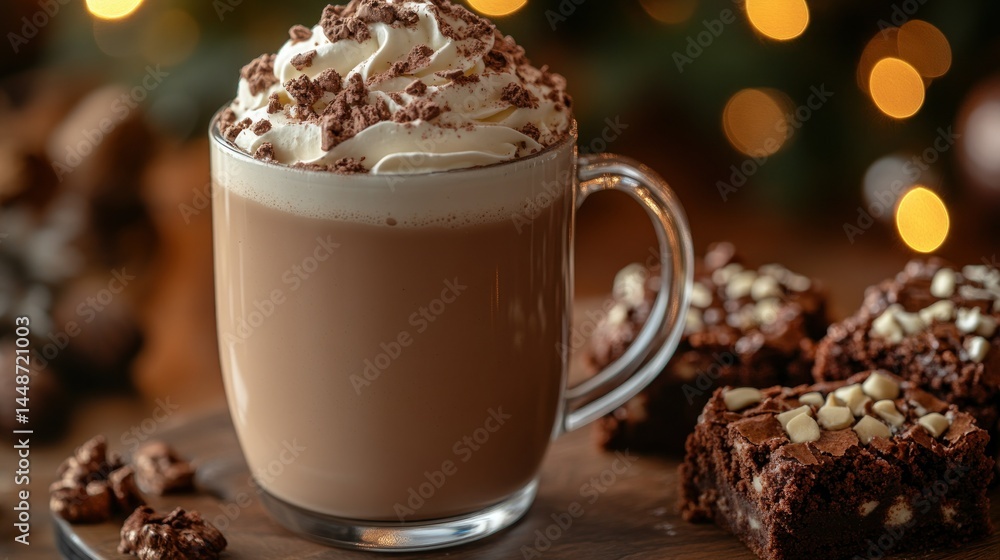Festive hot chocolate with whipped cream and brownies Festive hot chocolate with whipped cream and brownies