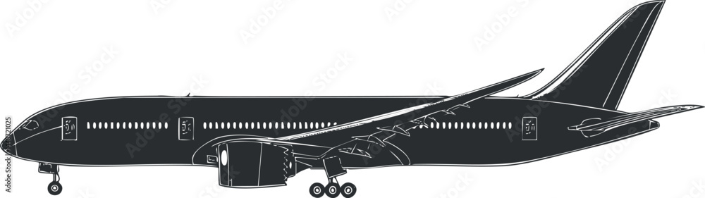 Fototapeta premium Side view illustration of a commercial airplane jet in black and white for aviation and travel themes